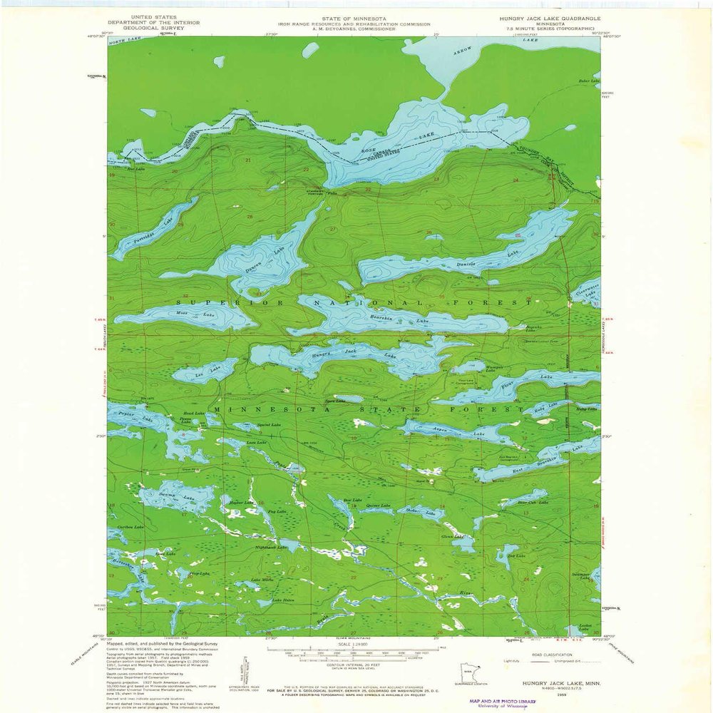 YellowMaps Hungry Jack Lake MN topo map, 1:24000 Scale, 7.5 X 7.5 Minute, Historical, 1959, Updated 1962, 27.23 x 21.53 in - Polypropylene