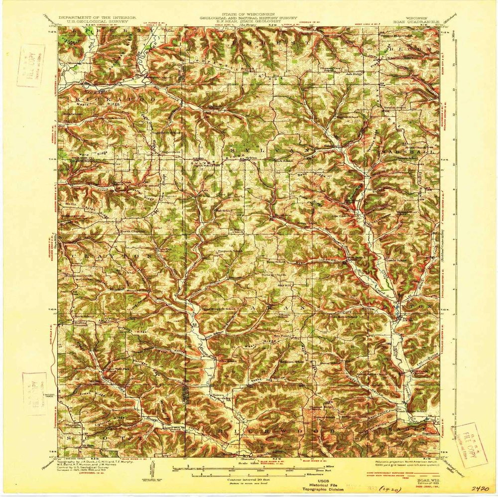 YellowMaps Boaz WI topo map, 1:62500 Scale, 15 X 15 Minute, Historical, 1933, 20.22 x 16.65 in - Tyvek
