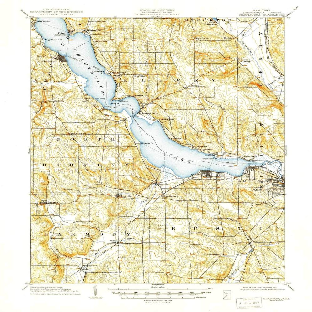 YellowMaps Chautauqua NY topo map, 1:62500 Scale, 15 X 15 Minute, Historical, 1904, Updated 1947, 20.54 x 16 in - Polypropylene