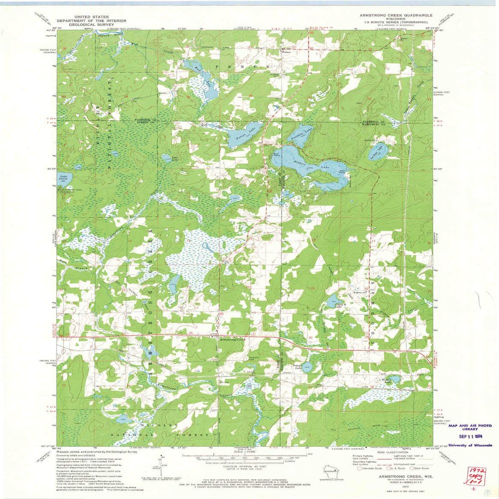 YellowMaps Armstrong Creek WI topo map, 1:24000 Scale, 7.5 X 7.5 Minute, Historical, 1972, Updated 1974, 27.31 x 21.19 in - Polypropylene