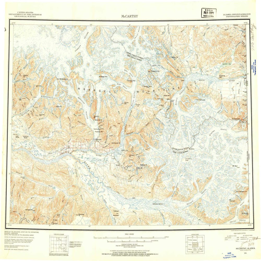 YellowMaps McCarthy AK topo map, 1:250000 Scale, 1 X 3 Degree, Historical, 1951, Updated 1954, 23 x 27.8 in - Tyvek