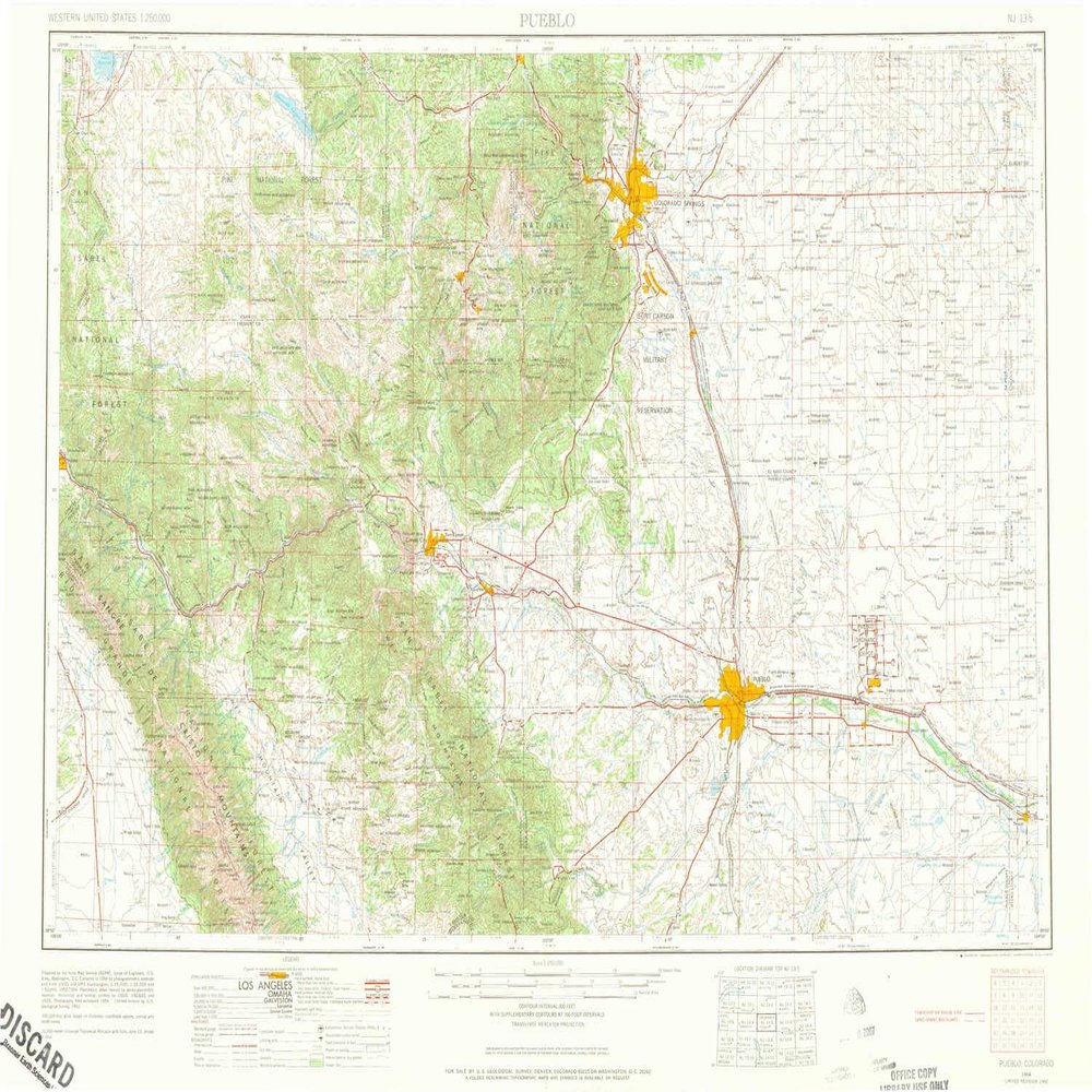 Pueblo CO topo map, 1:250000 Scale, 1 X 2 Degree, Historical, 1954, Updated 1973, 21.7 x 30.7 in - Polypropylene