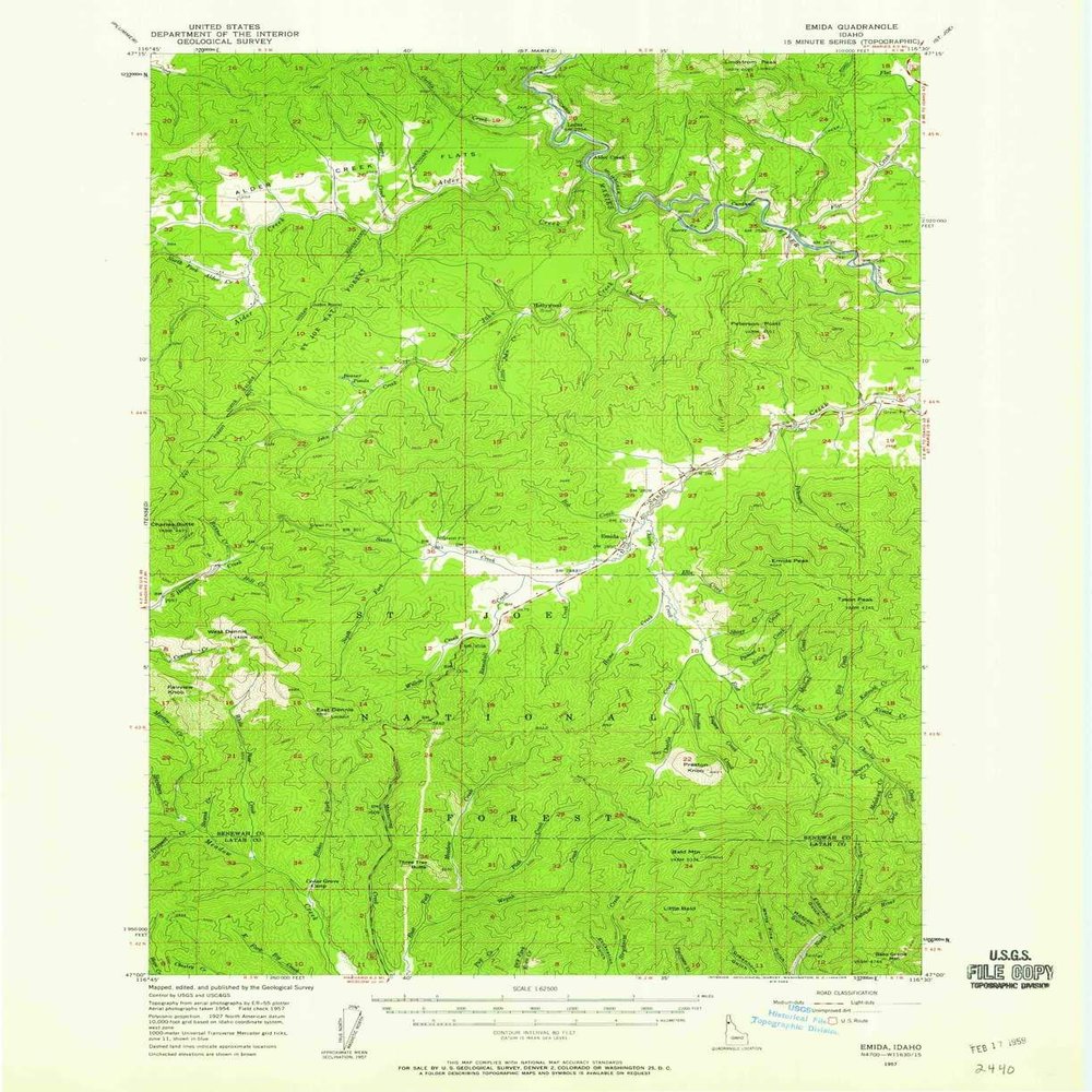 YellowMaps Emida ID topo map, 1:62500 Scale, 15 X 15 Minute, Historical, 1957, Updated 1959, 20.76 x 16.93 in - Tyvek