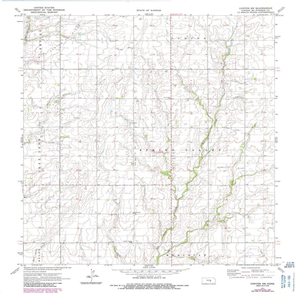 YellowMaps Canton SW KS topo map, 1:24000 Scale, 7.5 X 7.5 Minute, Historical, 1971, Updated 1985, 27.09 x 21.13 in - Polypropylene