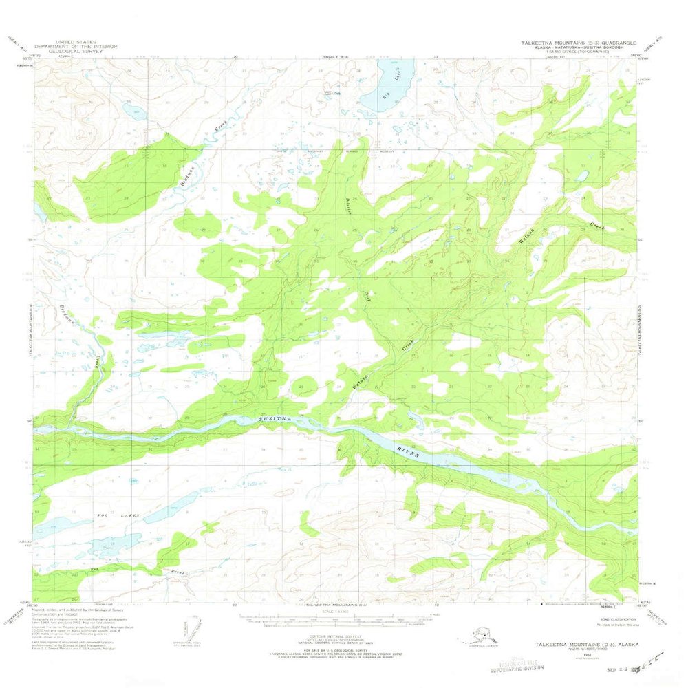 YellowMaps Talkeetna Mountains D 3 AK topo map, 1:63360 Scale, 15 X 15 Minute, Historical, 1951, Updated 1975, 21.9 x 18 in - Tyvek