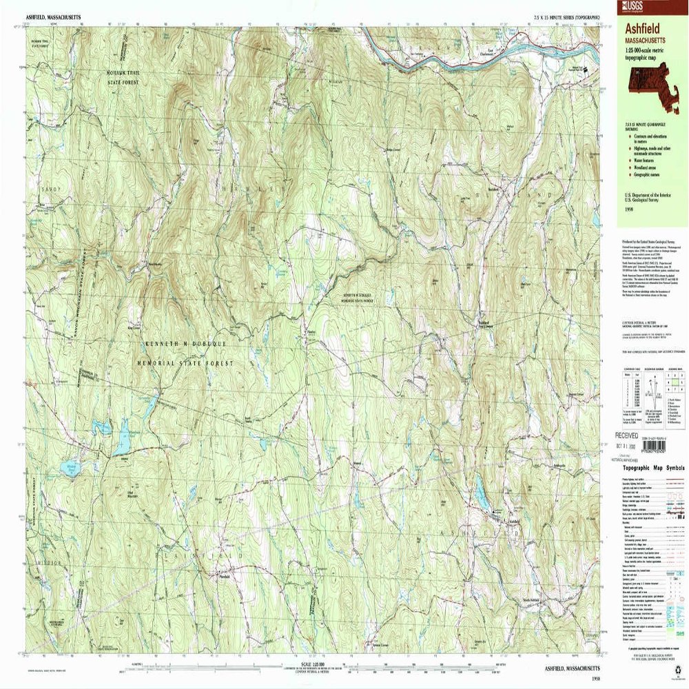 YellowMaps Ashfield MA topo map, 1:25000 Scale, 7.5 X 15 Minute, Historical, 1998, Updated 2000, 24.04 x 38.82 in - Polypropylene
