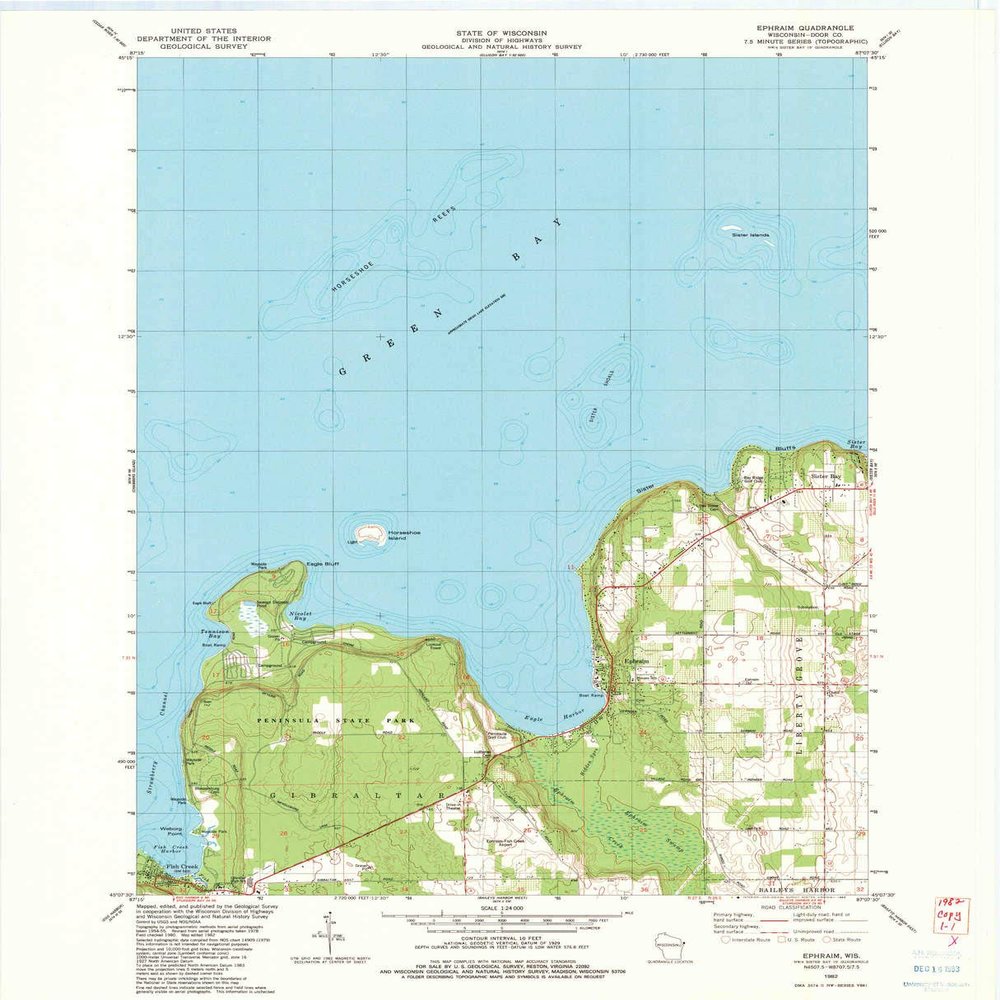 YellowMaps Ephraim WI topo map, 1:24000 Scale, 7.5 X 7.5 Minute, Historical, 1982, Updated 1983, 27.21 x 22.04 in - Polypropylene