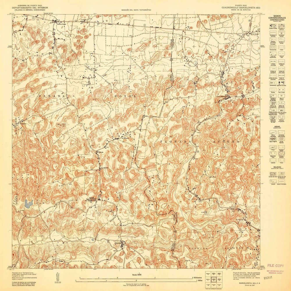 YellowMaps Barceloneta SO PR topo map, 1:10000 Scale, 3.75 X 3.75 Minute, Historical, 1947, 31.2 x 30.5 in - Tyvek