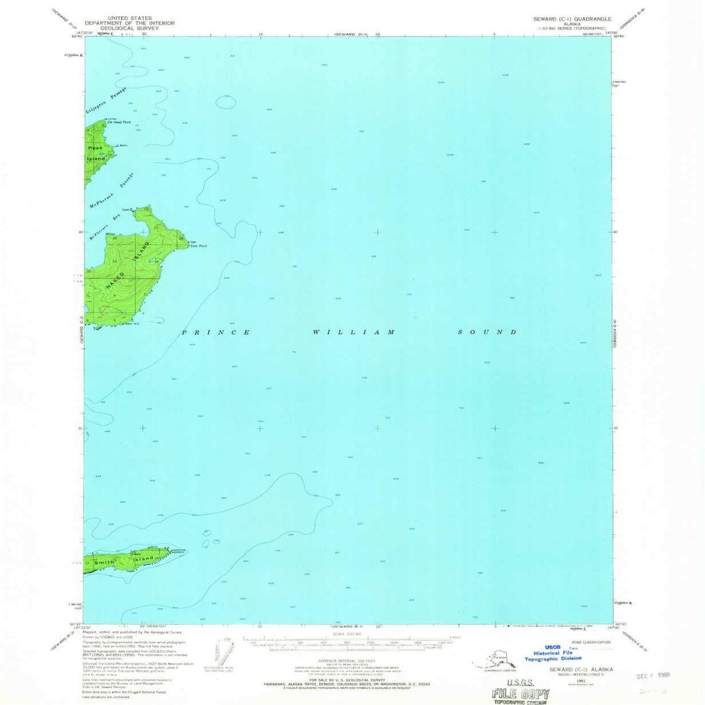 YellowMaps Seward C 1 AK topo map, 1:63360 Scale, 15 X 15 Minute, Historical, 1951, Updated 1966, 20.8 x 17 in - Tyvek