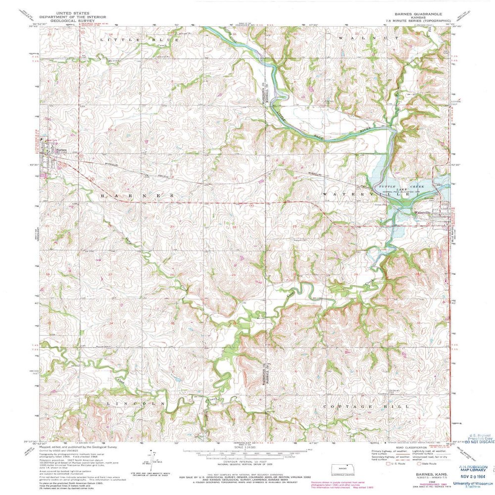 YellowMaps Barnes KS topo map, 1:24000 Scale, 7.5 X 7.5 Minute, Historical, 1968, Updated 1983, 27.14 x 21.18 in - Polypropylene