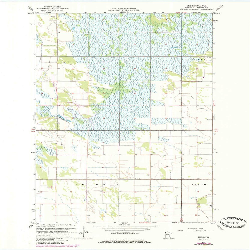 YellowMaps Leo MN topo map, 1:24000 Scale, 7.5 X 7.5 Minute, Historical, 1966, Updated 1985, 27.23 x 21.53 in - Tyvek