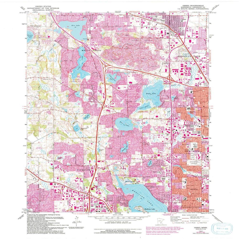 YellowMaps Osseo MN topo map, 1:24000 Scale, 7.5 X 7.5 Minute, Historical, 1967, Updated 1994, 27.32 x 21.24 in - Tyvek