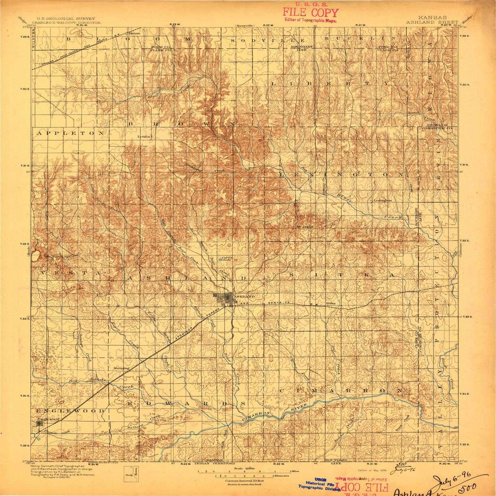 YellowMaps Ashland KS topo map, 1:125000 Scale, 30 X 30 Minute, Historical, 1896, 19.95 x 16.24 in - Tyvek