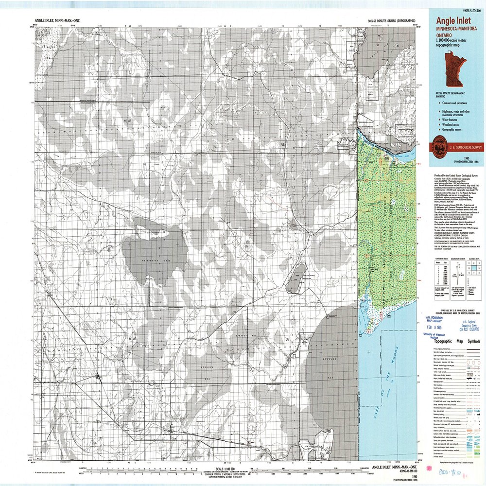 YellowMaps Angle Inlet MN topo map, 1:100000 Scale, 30 X 60 Minute, Historical, 1985, Updated 1993, 27.23 x 21.53 in - Polypropylene