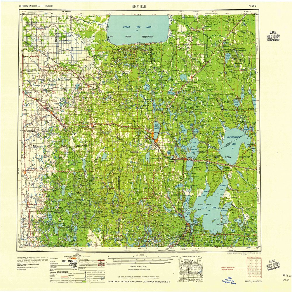 YellowMaps Bemidji MN topo map, 1:250000 Scale, 1 X 2 Degree, Historical, 1958, 27.23 x 21.53 in - Polypropylene