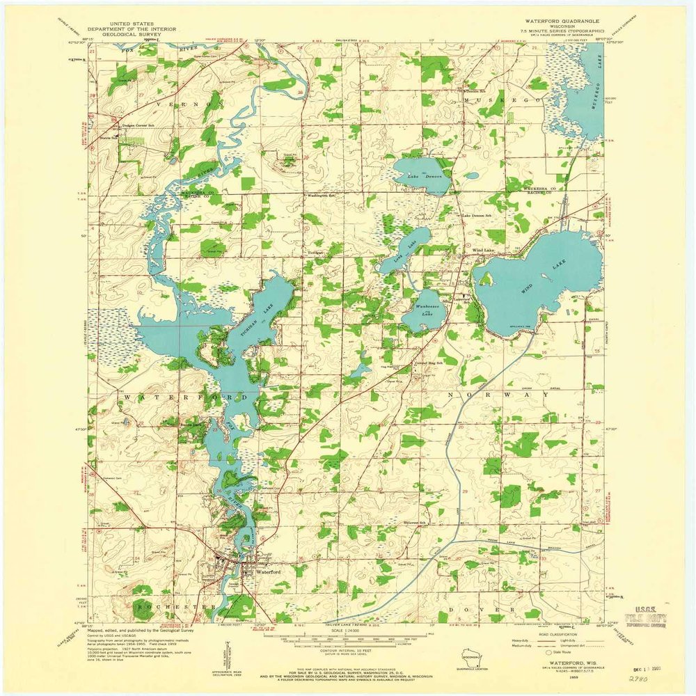 YellowMaps Waterford WI topo map, 1:24000 Scale, 7.5 X 7.5 Minute, Historical, 1959, Updated 1960, 27.32 x 22.61 in - Polypropylene