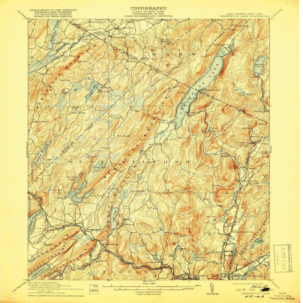 YellowMaps Greenwood Lake NY topo map, 1:62500 Scale, 15 X 15 Minute, Historical, 1910, Updated 1918, 20.3 x 16.6 in - Tyvek