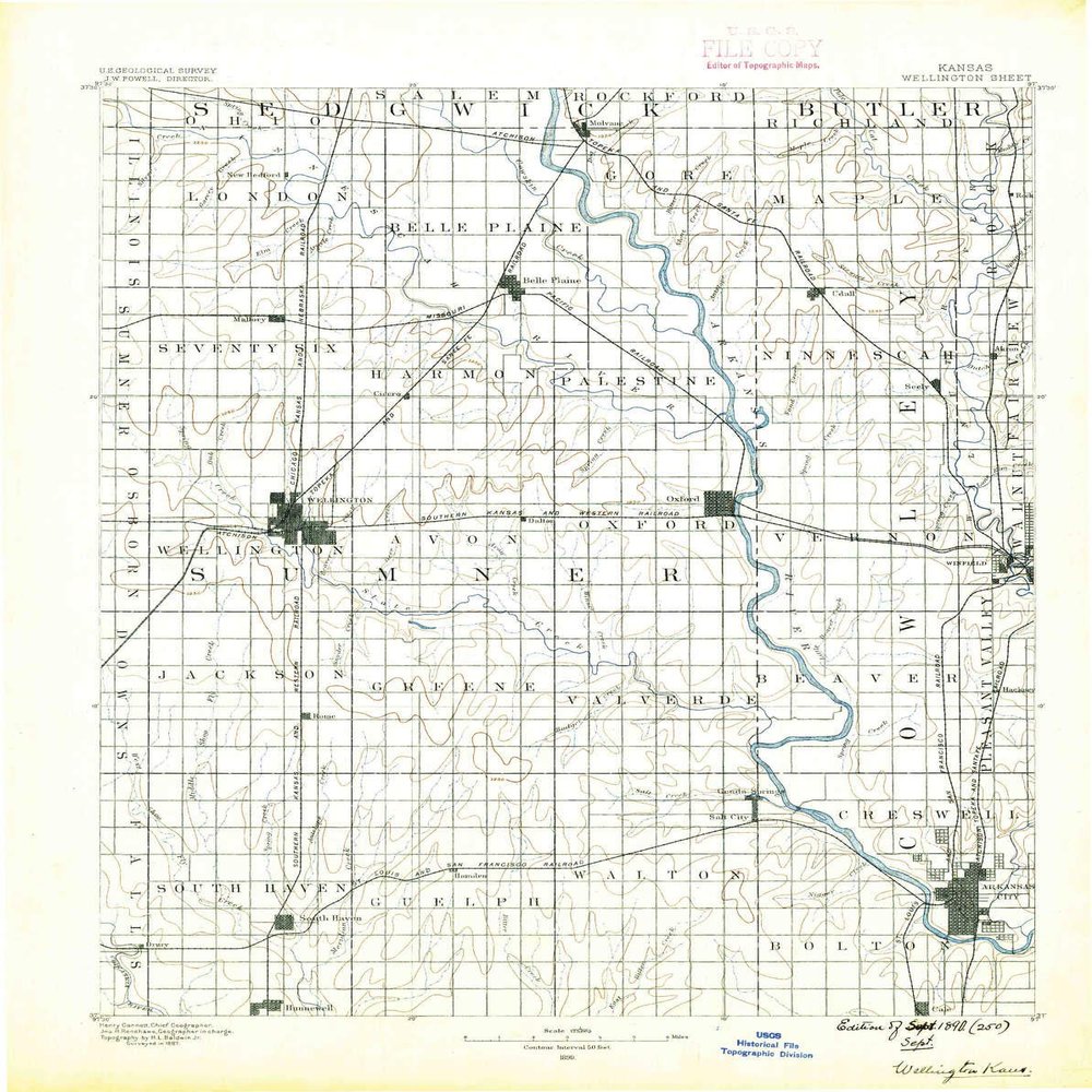 Wellington KS topo map, 1:125000 Scale, 30 X 30 Minute, Historical, 1890, 20.57 x 16.37 in - Tyvek