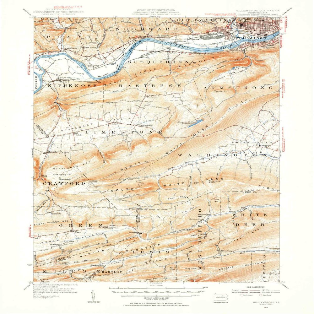 YellowMaps Williamsport PA topo map, 1:62500 Scale, 15 X 15 Minute, Historical, 1953, Updated 1956, 20.8 x 16.9 in - Polypropylene