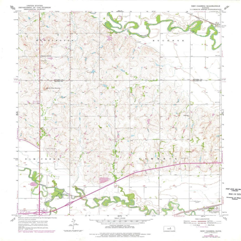 YellowMaps New Cambria KS topo map, 1:24000 Scale, 7.5 X 7.5 Minute, Historical, 1955, Updated 1978, 27.05 x 21.09 in - Tyvek