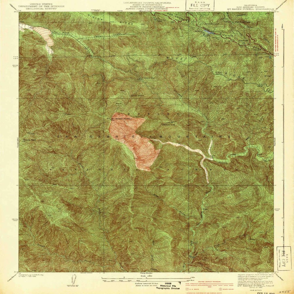 Mt Baden Powell CA topo map, 1:24000 Scale, 7.5 X 7.5 Minute, Historical, 1940, Updated 1940, 20.5 x 17.4 in - Tyvek