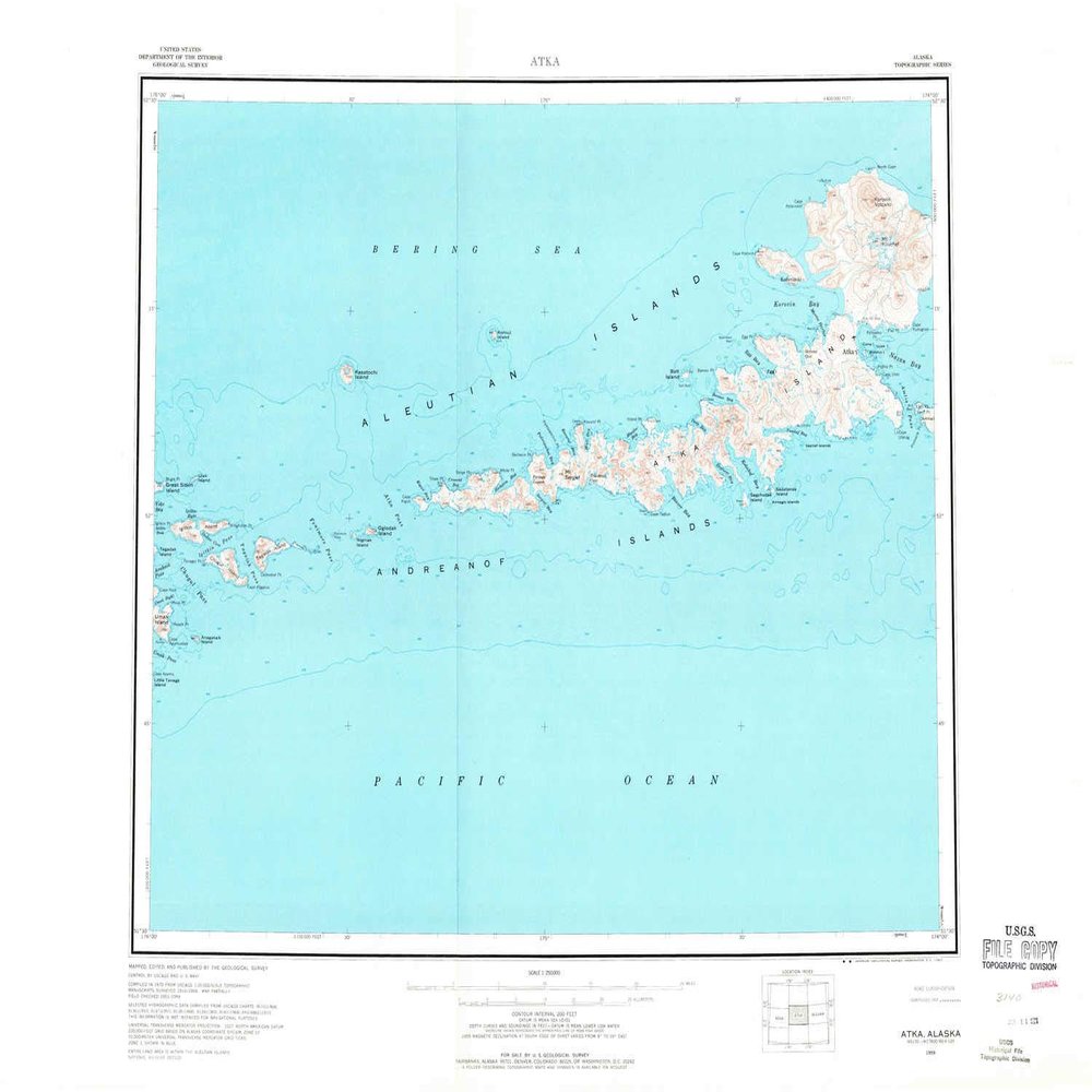 YellowMaps Atka AK topo map, 1:250000 Scale, 1 X 2 Degree, Historical, 1959, Updated 1971, 23.1 x 30.2 in - Polypropylene