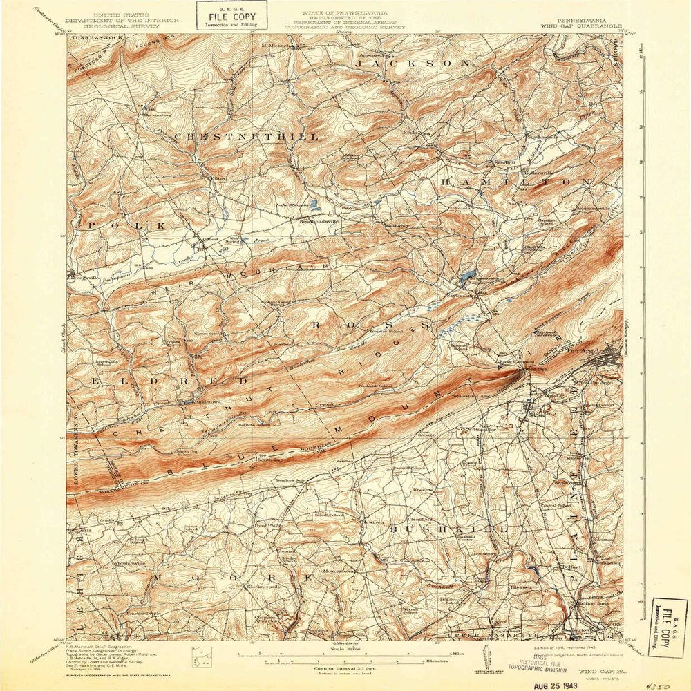 YellowMaps Wind Gap PA topo map, 1:62500 Scale, 15 X 15 Minute, Historical, 1916, Updated 1943, 19.9 x 16.5 in - Tyvek