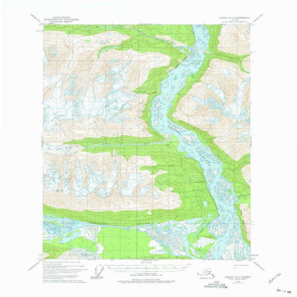 YellowMaps Valdez A 3 AK topo map, 1:63360 Scale, 15 X 15 Minute, Historical, 1950, Updated 1975, 21.9 x 18 in - Tyvek