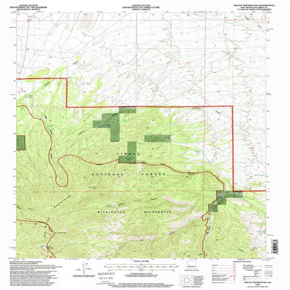YellowMaps Mount Withington NM topo map, 1:24000 Scale, 7.5 X 7.5 Minute, Historical, 1995, Updated 1998, 26.9 x 22 in - Polypropylene