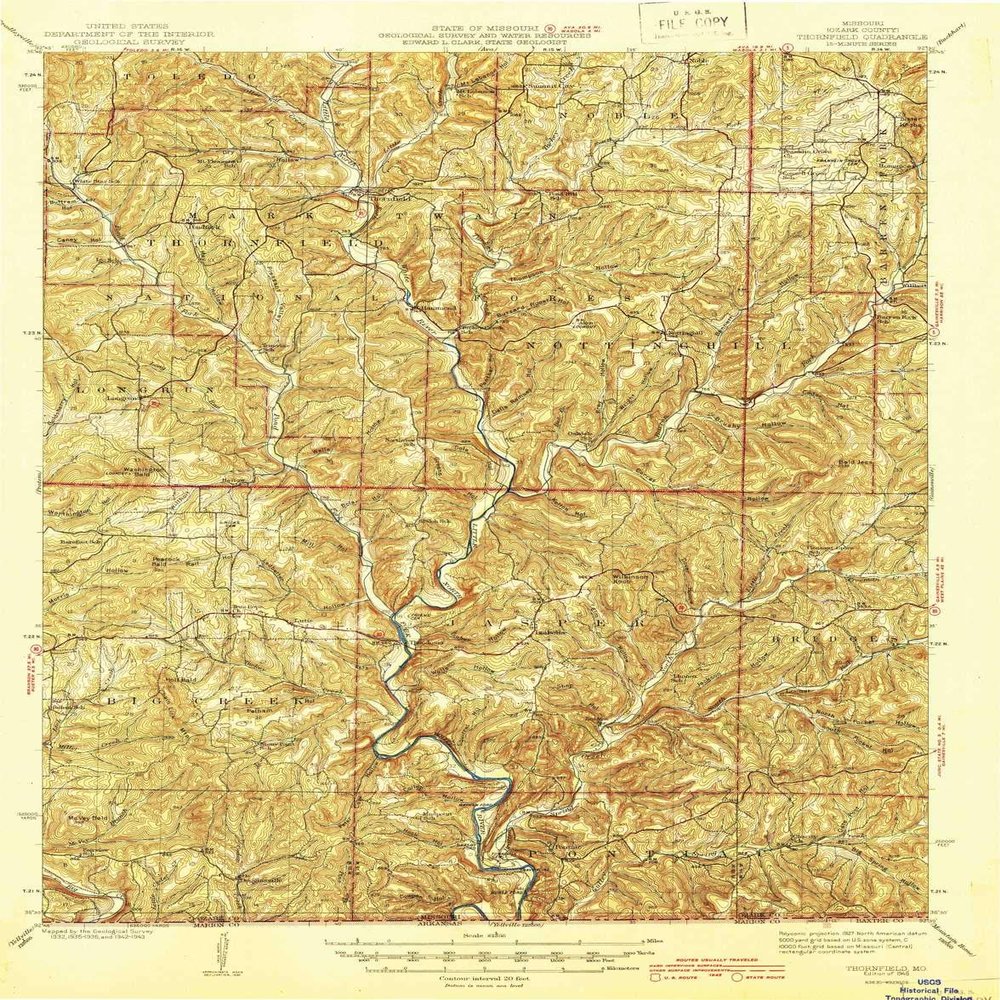 YellowMaps Thornfield MO topo map, 1:62500 Scale, 15 X 15 Minute, Historical, 1945, 20.2 x 15.9 in - Tyvek