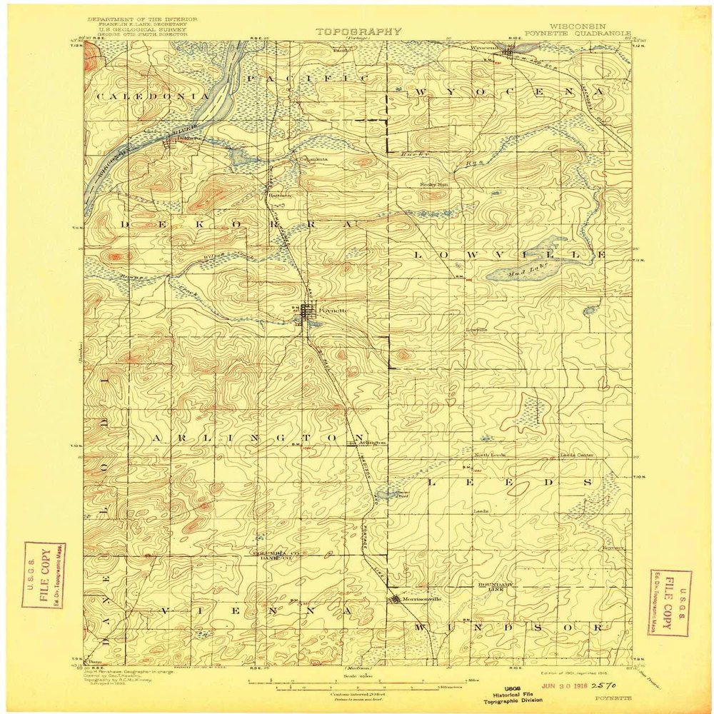 YellowMaps Poynette WI topo map, 1:62500 Scale, 15 X 15 Minute, Historical, 1901, Updated 1916, 19.97 x 16.64 in - Tyvek