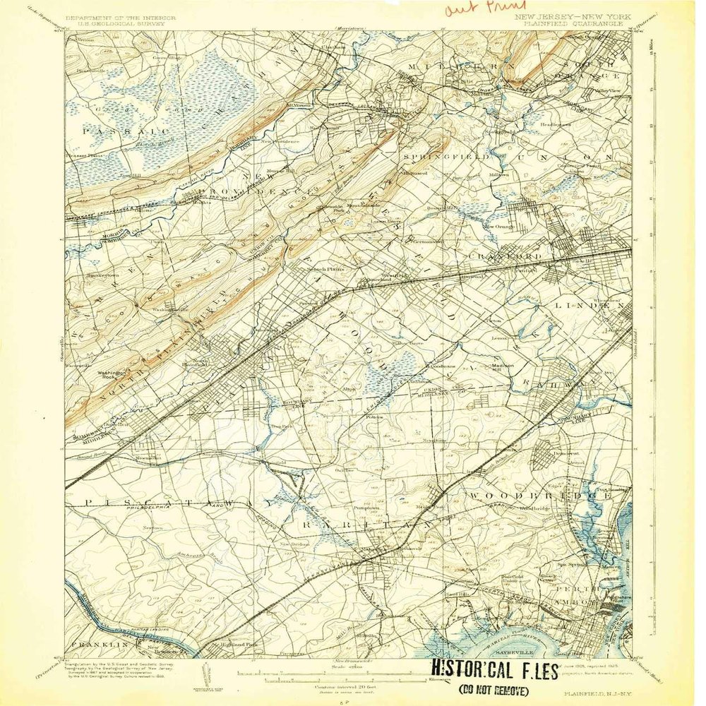 YellowMaps Plainfield NJ topo map, 1:62500 Scale, 15 X 15 Minute, Historical, 1905, Updated 1925, 19.7 x 16.6 in - Tyvek
