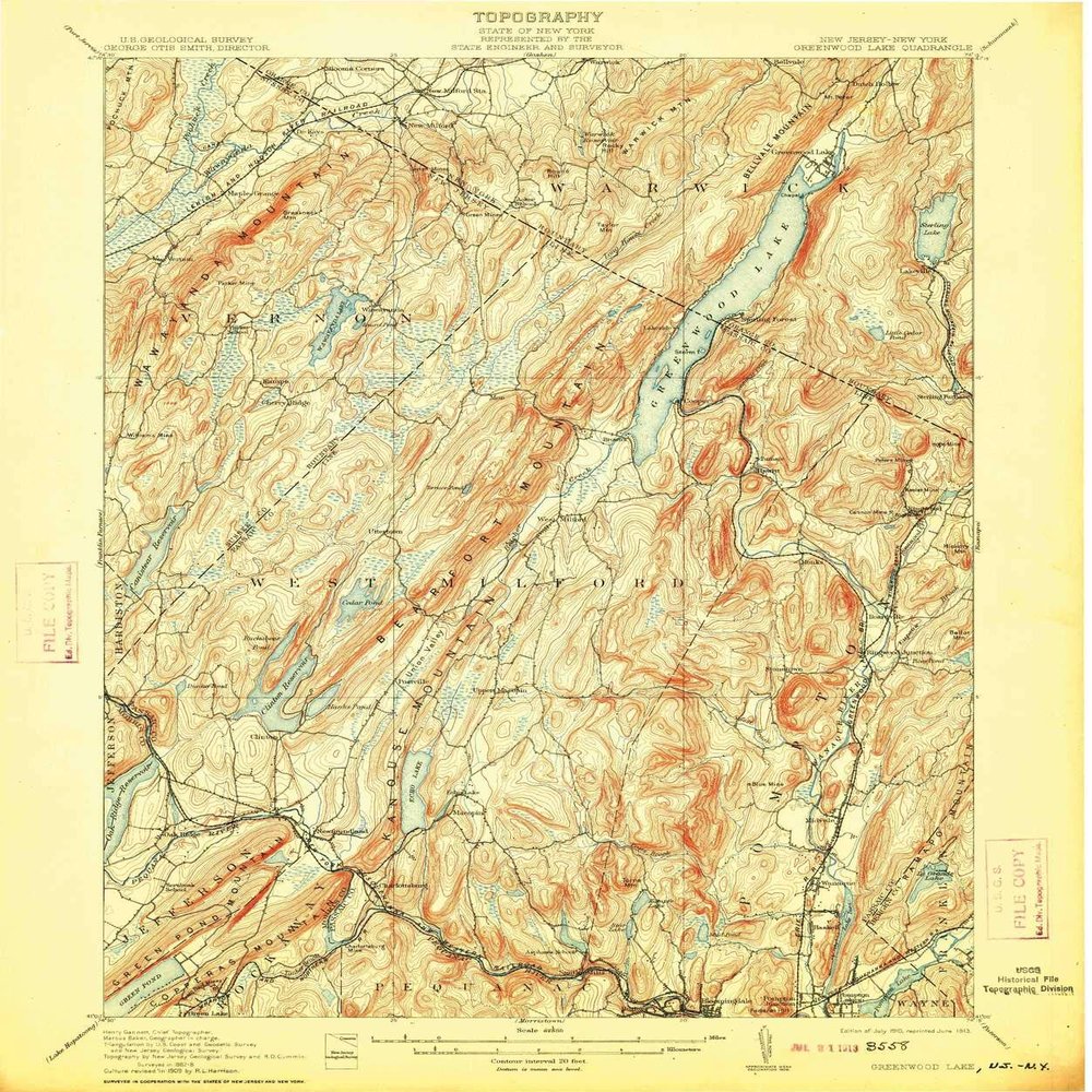 YellowMaps Greenwood Lake NY topo map, 1:62500 Scale, 15 X 15 Minute, Historical, 1910, Updated 1913, 19.9 x 16.6 in - Polypropylene