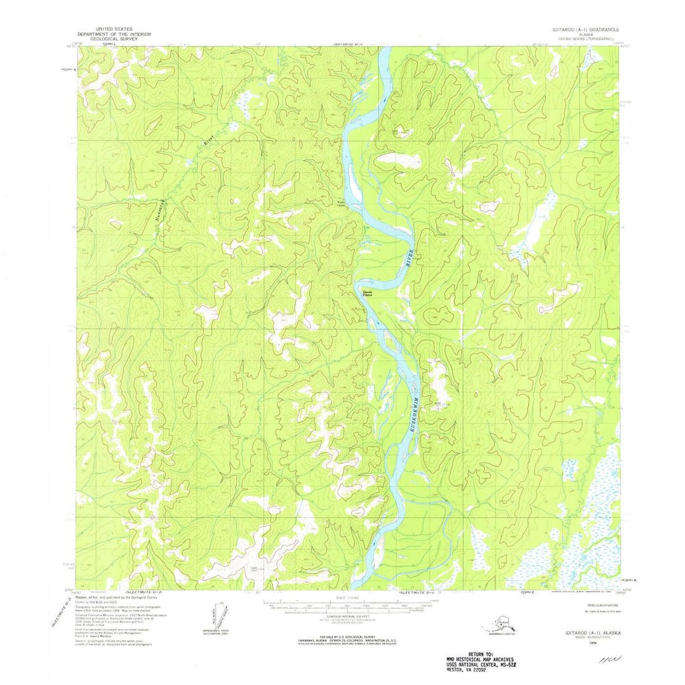 YellowMaps Iditarod A 1 AK topo map, 1:63360 Scale, 15 X 15 Minute, Historical, 1954, Updated 1962, 21.8 x 20.5 in - Polypropylene