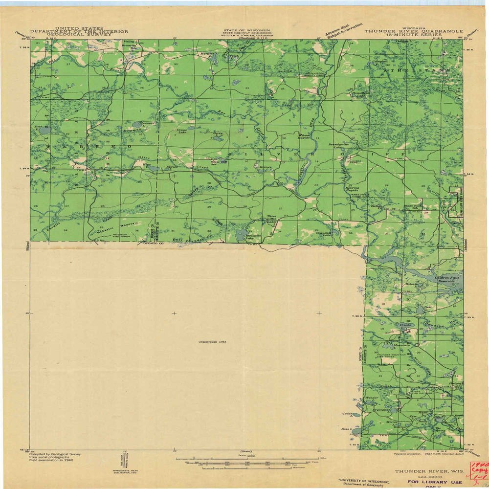 YellowMaps Thunder River WI topo map, 1:48000 Scale, 15 X 15 Minute, Historical, 1940, 27.13 x 18.13 in - Polypropylene