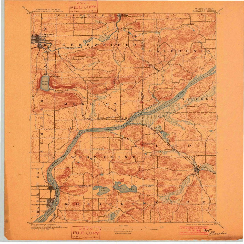 YellowMaps Baraboo WI topo map, 1:62500 Scale, 15 X 15 Minute, Historical, 1895, Updated 1902, 20.42 x 16.85 in - Polypropylene