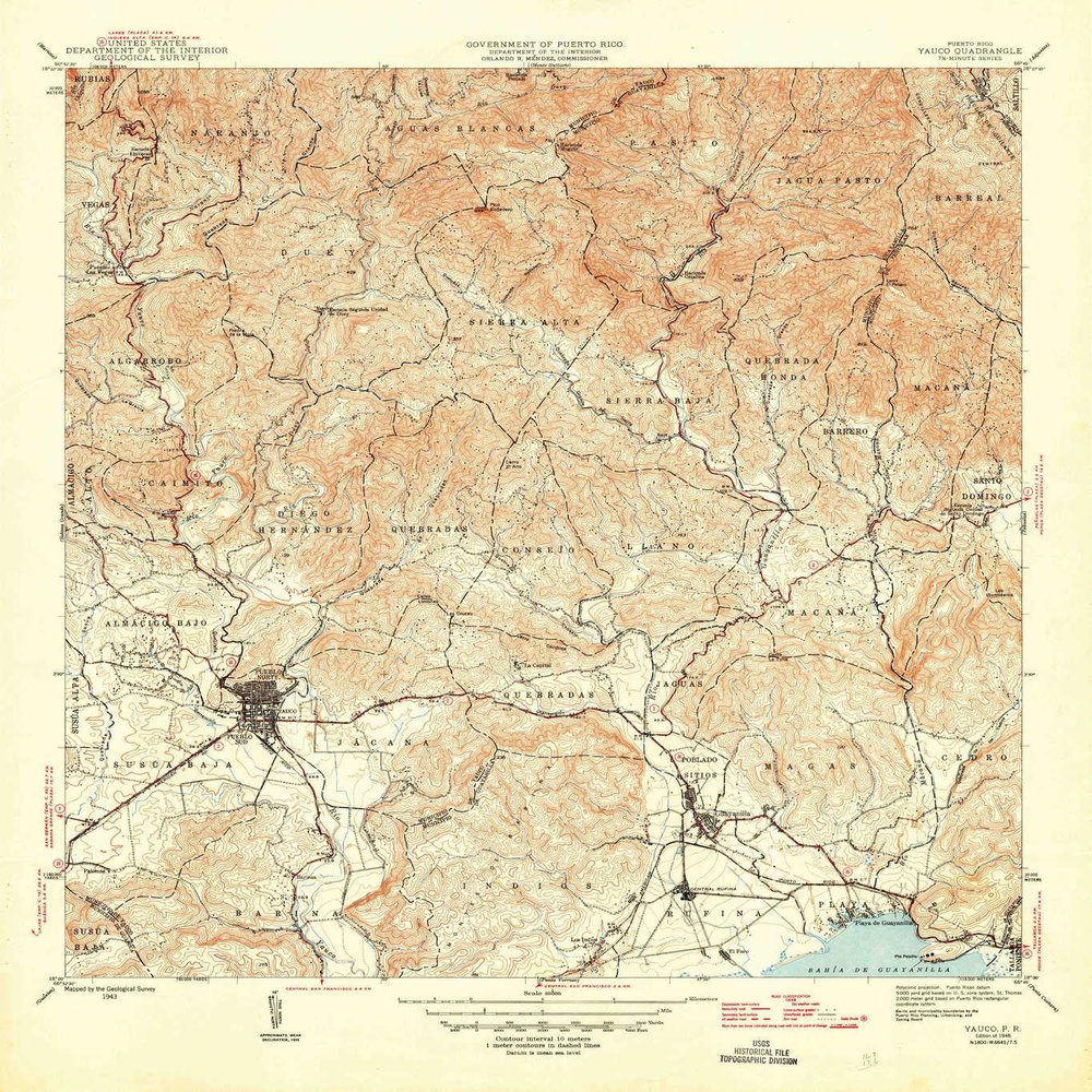 Yauco PR topo map, 1:30000 Scale, 7.5 X 7.5 Minute, Historical, 1946, 21.8 x 19.8 in - Polypropylene