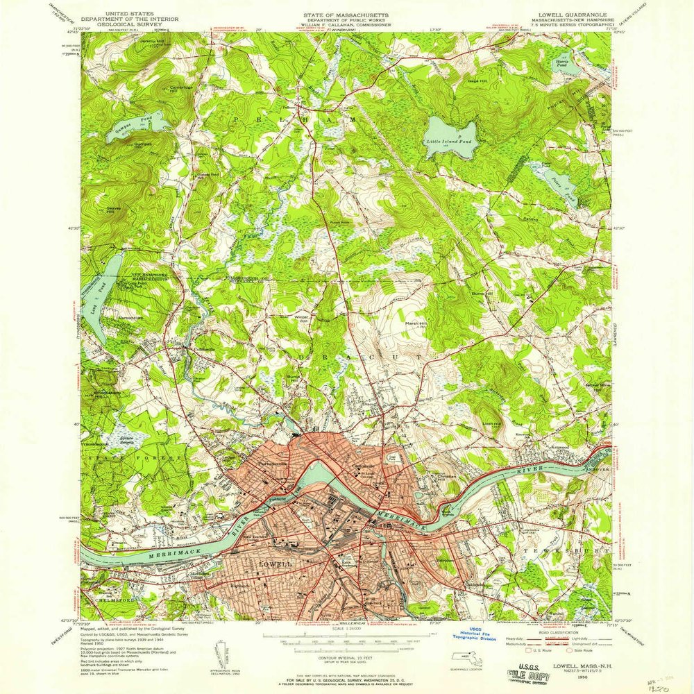 Lowell MA topo map, 1:24000 Scale, 7.5 X 7.5 Minute, Historical, 1950, Updated 1958, 26.9 x 22 in - Polypropylene