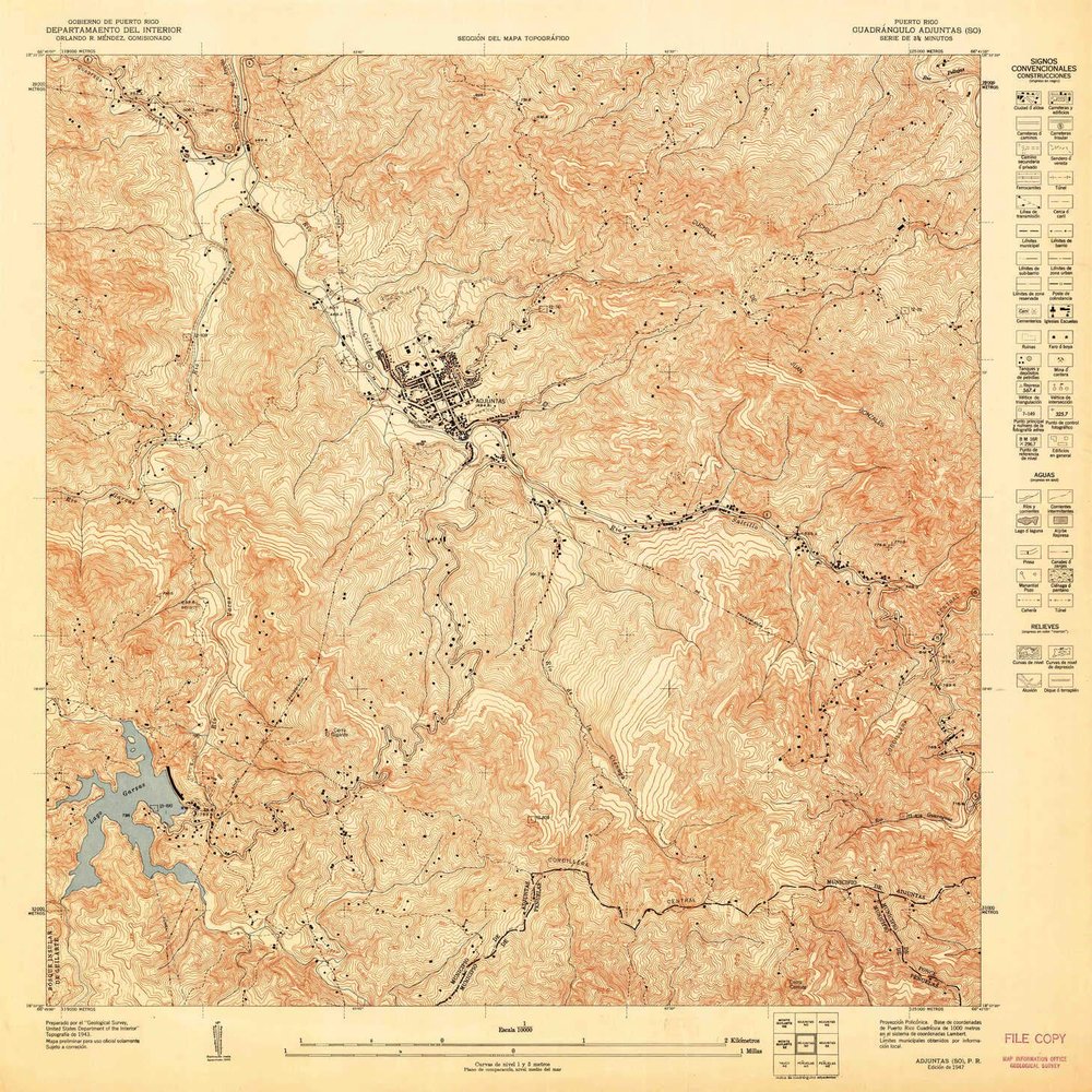 YellowMaps Adjuntas SO PR topo map, 1:10000 Scale, 3.75 X 3.75 Minute, Historical, 1947, 31.3 x 30.4 in - Polypropylene