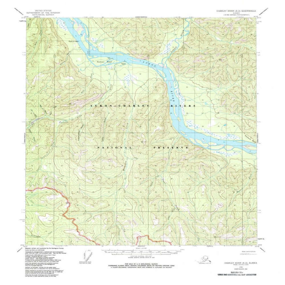 YellowMaps Charley River A 2 AK topo map, 1:63360 Scale, 15 X 15 Minute, Historical, 1956, Updated 1985, 21.7 x 18 in - Polypropylene