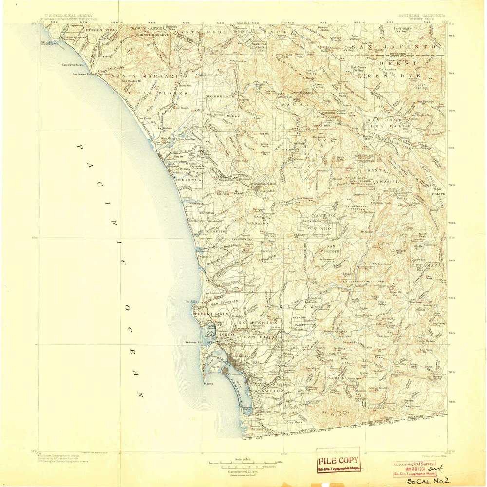 YellowMaps Southern California Sheet No 2 CA topo map, 1:250000 Scale, 1 X 1 Degree, Historical, 1904, 19.9 x 22 in - Tyvek