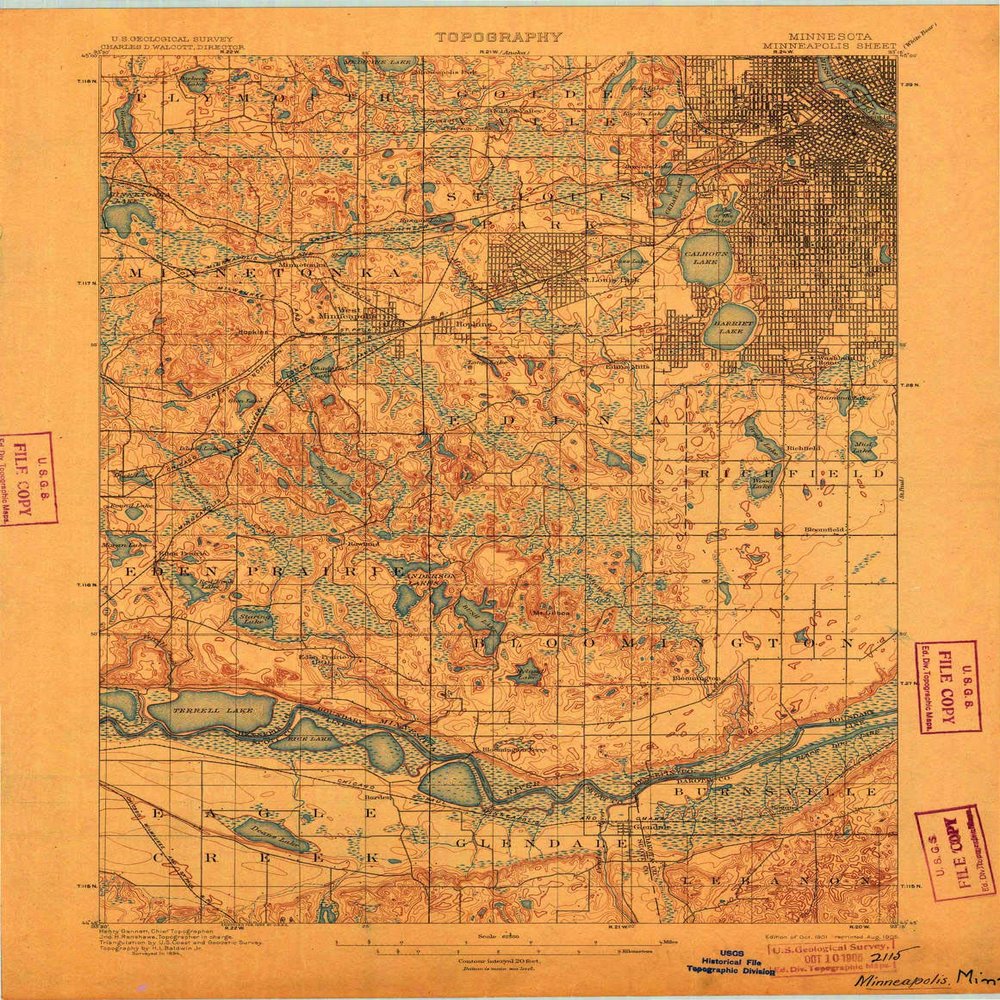 YellowMaps Minneapolis MN topo map, 1:62500 Scale, 15 X 15 Minute, Historical, 1901, Updated 1905, 27.23 x 21.53 in - Polypropylene