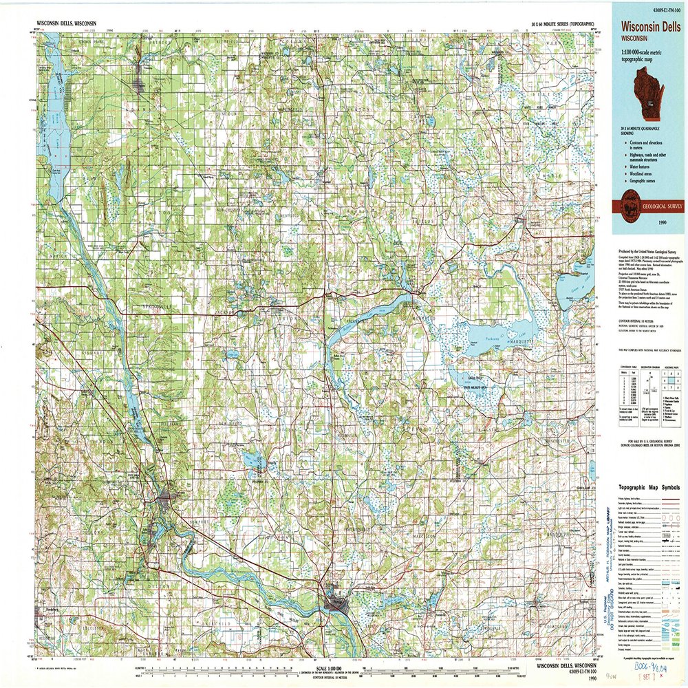 Wisconsin Dells WI topo map, 1:100000 Scale, 30 X 60 Minute, Historical, 1990, Updated 1991, 24.11 x 39 in - Polypropylene
