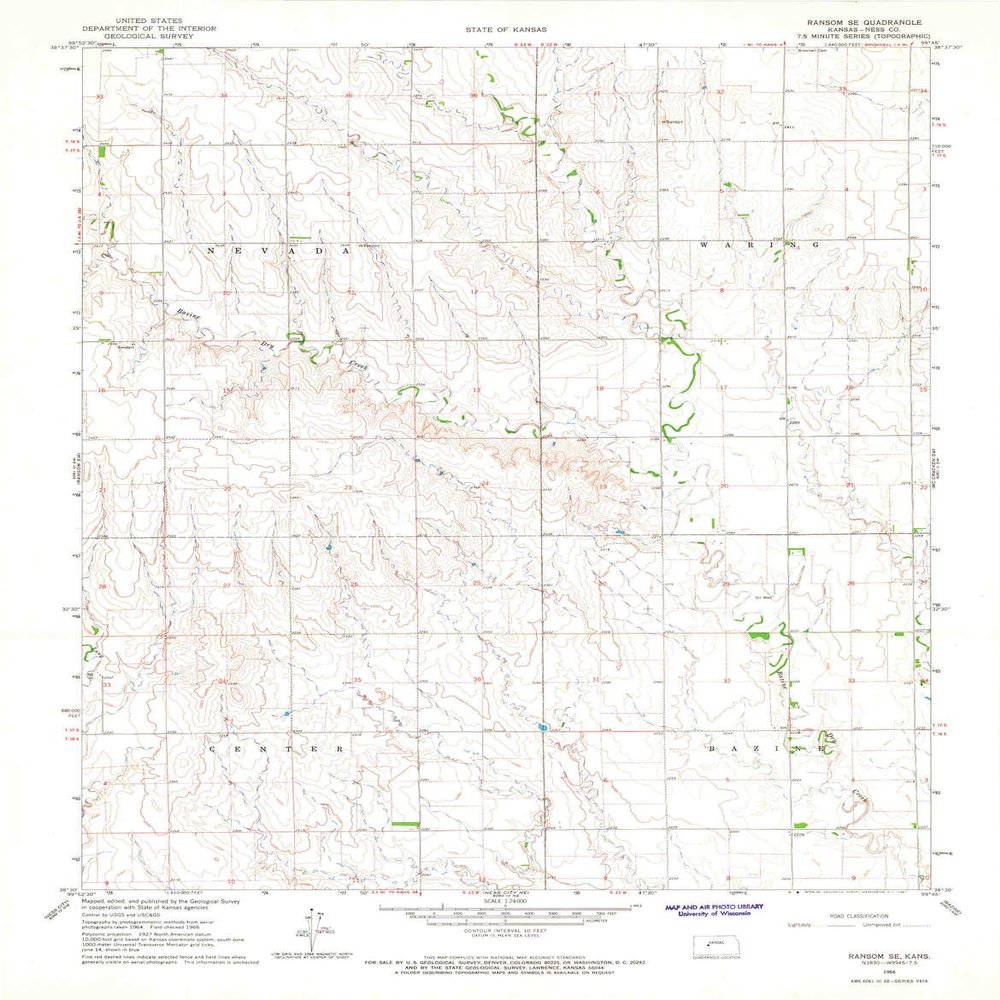 YellowMaps Ransom SE KS topo map, 1:24000 Scale, 7.5 X 7.5 Minute, Historical, 1966, Updated 1967, 27.02 x 21.07 in - Polypropylene
