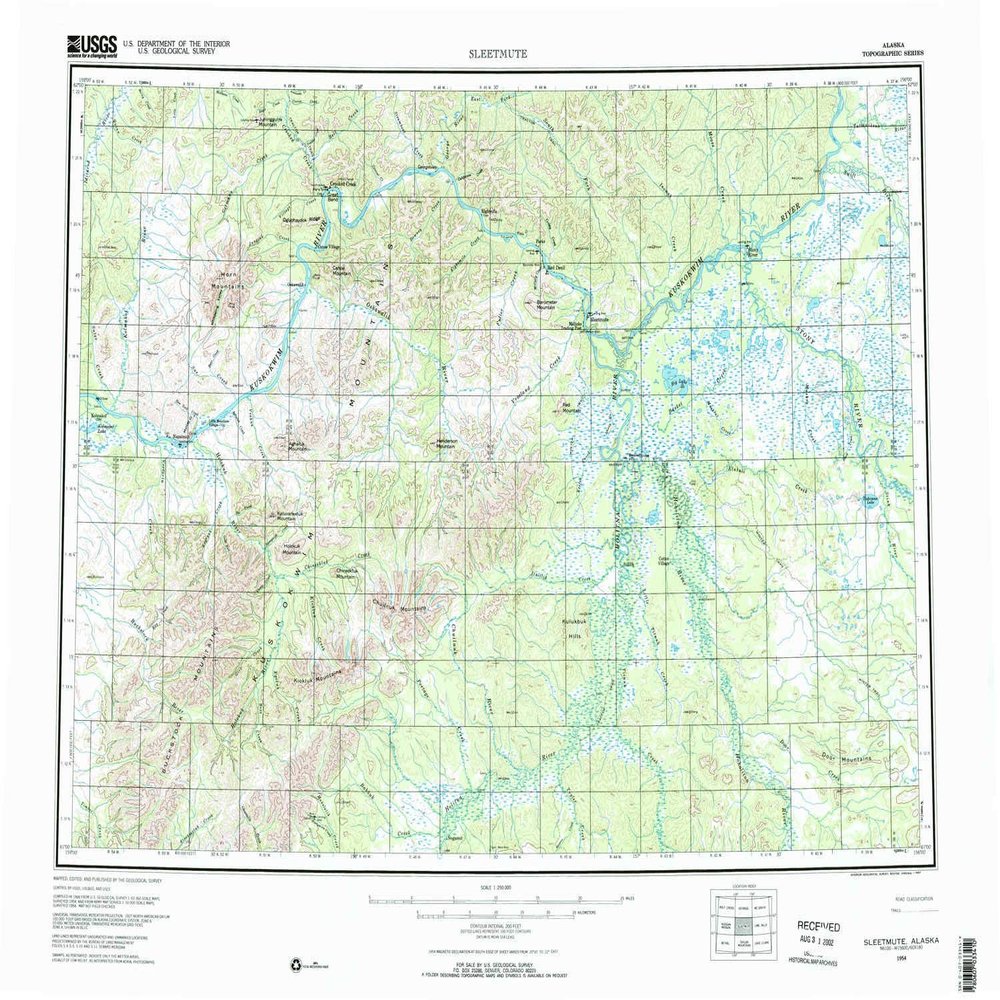 YellowMaps Sleetmute AK topo map, 1:250000 Scale, 1 X 3 Degree, Historical, 1954, Updated 1967, 23 x 30.1 in - Tyvek
