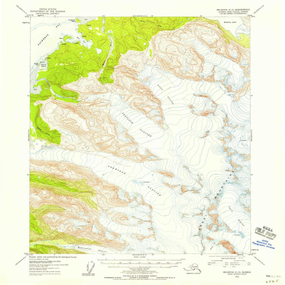 Seldovia C 3 AK topo map, 1:63360 Scale, 15 X 15 Minute, Historical, 1953, Updated 1958, 20.8 x 17 in - Polypropylene