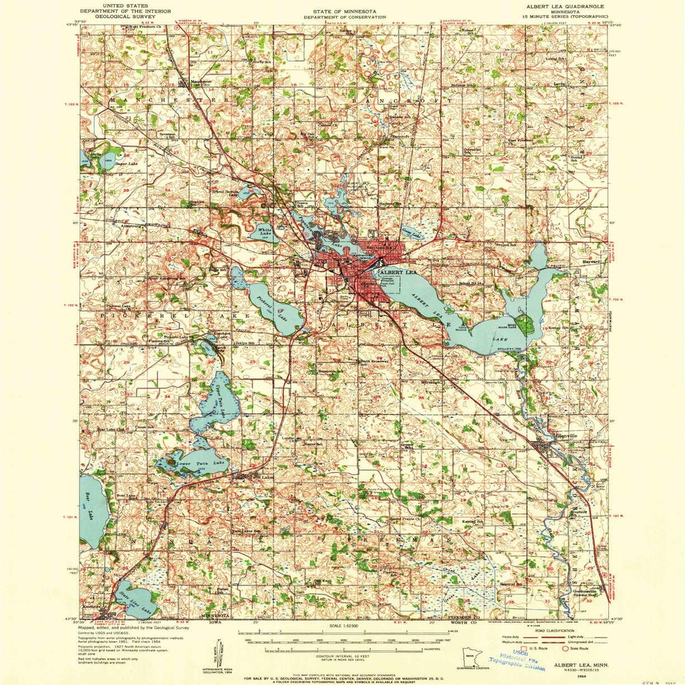 YellowMaps Albert Lea MN topo map, 1:62500 Scale, 15 X 15 Minute, Historical, 1954, Updated 1956, 27.23 x 21.53 in - Polypropylene