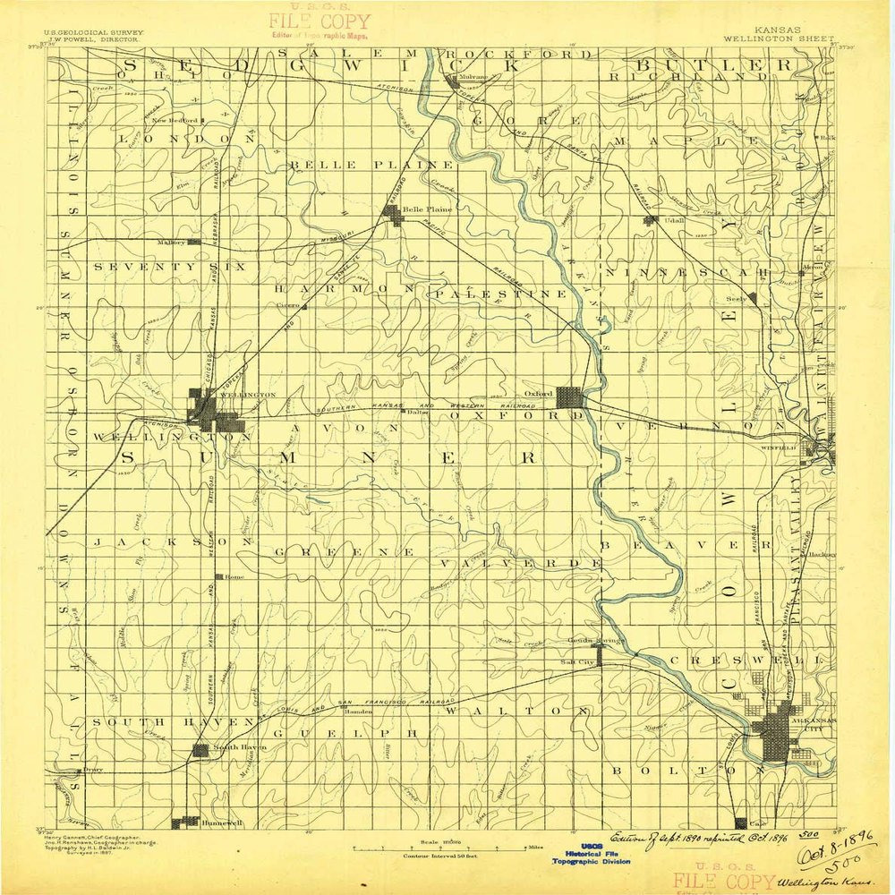 Wellington KS topo map, 1:125000 Scale, 30 X 30 Minute, Historical, 1890, Updated 1896, 19.99 x 15.84 in - Tyvek