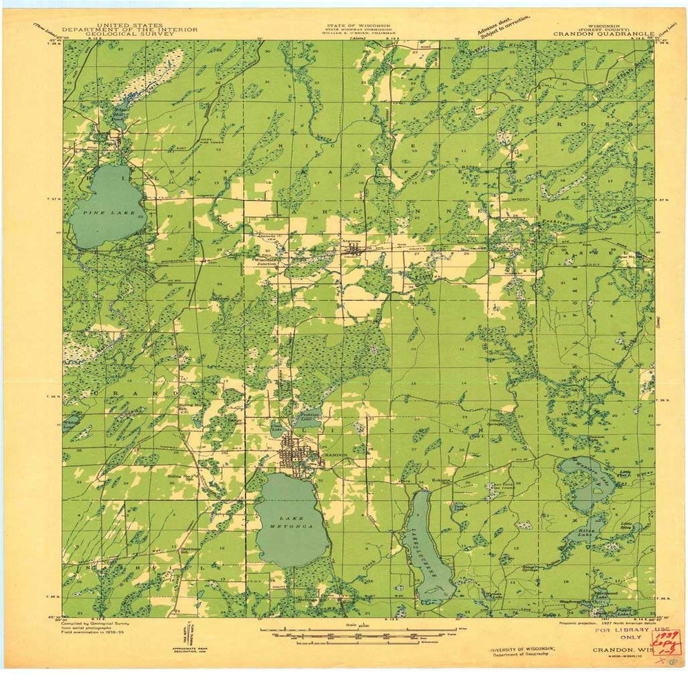 YellowMaps Crandon WI topo map, 1:48000 Scale, 15 X 15 Minute, Historical, 1941, 27.14 x 18.57 in - Tyvek