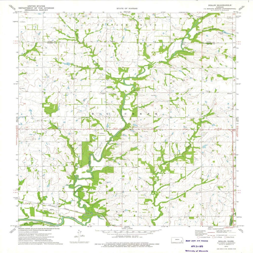 YellowMaps Rollin KS topo map, 1:24000 Scale, 7.5 X 7.5 Minute, Historical, 1973, Updated 1975, 27.04 x 21.05 in - Polypropylene
